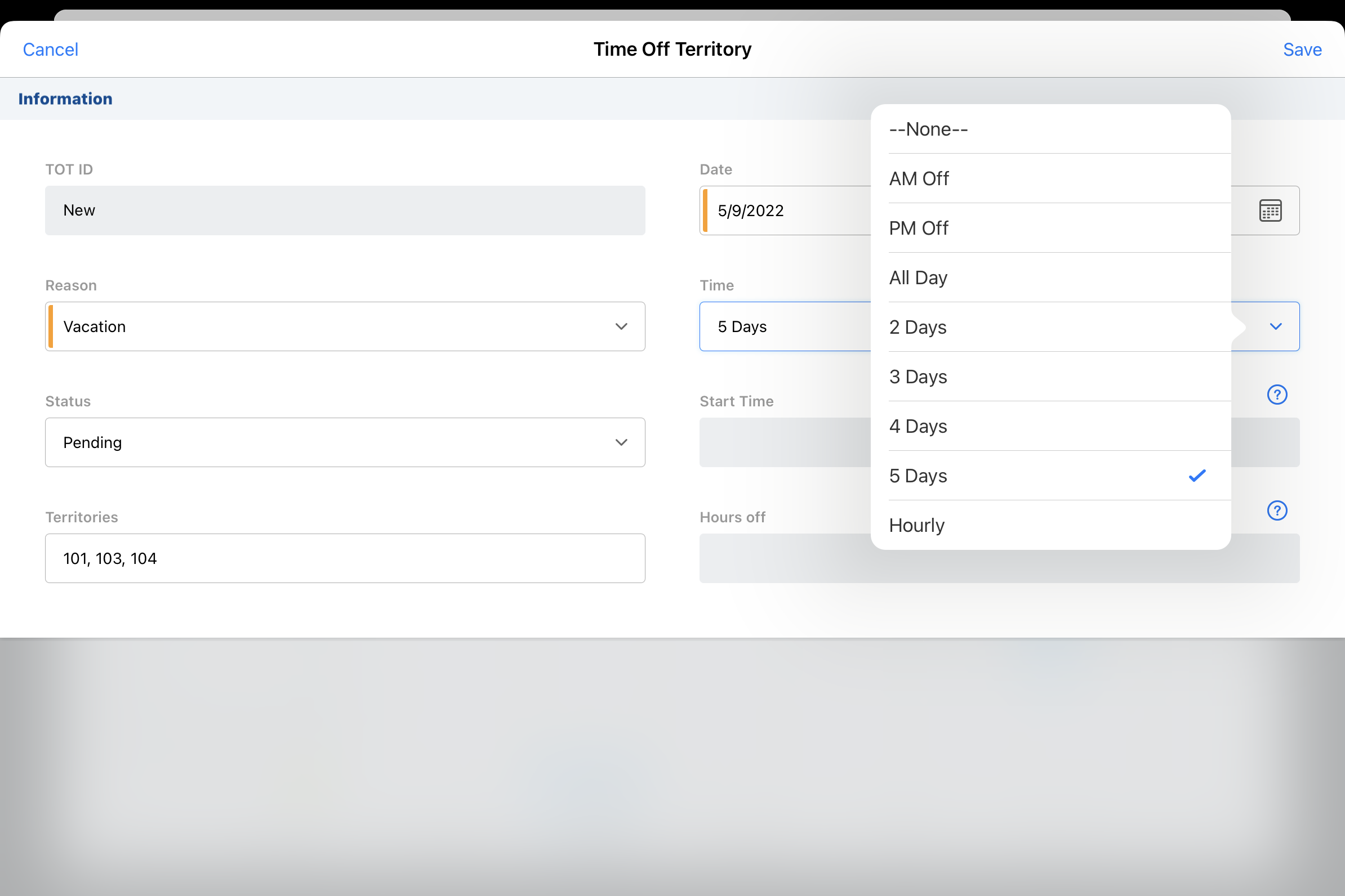 Creating Time Off Territory in My Schedule